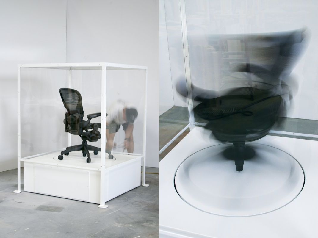  | Selected Works | Glenn Kaino, The Siege Perilous, 2002, Aeron chair, Plexiglas, wood and steel base, mechanized component, 65 x 49 x 49 inches, Courtesy of the Los Angeles County Museum of Art (LACMA) | 25