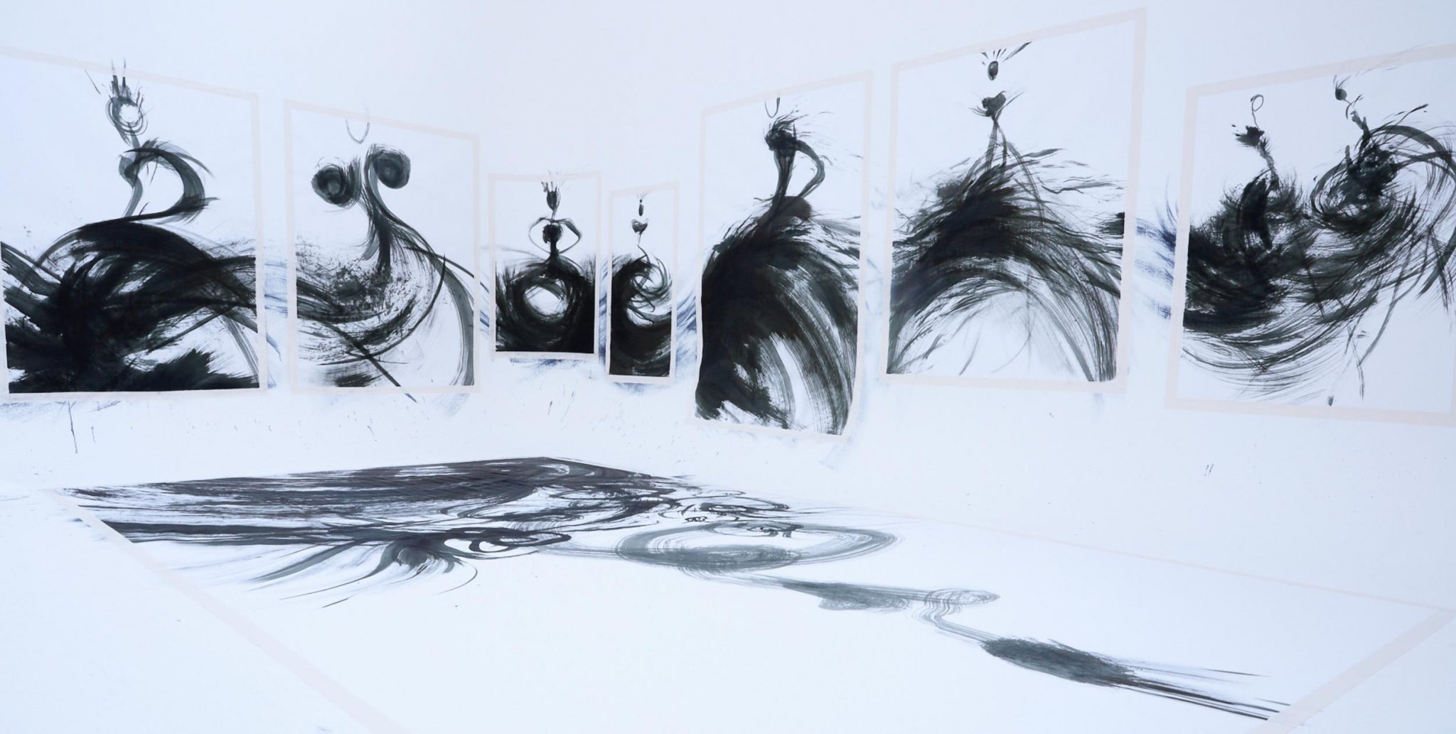  | SHOWStudio | Nightlight Series: On 26 April 2019, artist Tobie Giddio took up residency in the SHOWstudio space to create a large-scale fashion illustration live. The broadcast showcases Giddio’s creative process from start to finish, documenting her as she paints the walls and floor of the studio cove with ink. For this work, Giddio utilises a unique set of tools, comprising large Japanese brushes, mops and feather dusters.  | 10