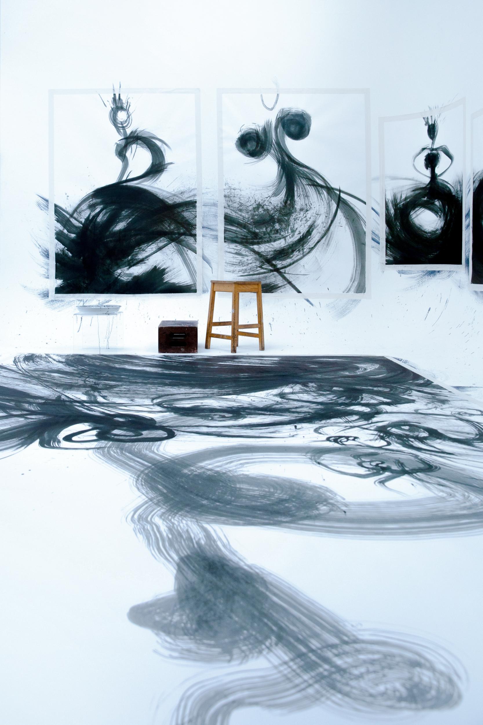  | SHOWStudio | Nightlight Series: On 26 April 2019, artist Tobie Giddio took up residency in the SHOWstudio space to create a large-scale fashion illustration live. The broadcast showcases Giddio’s creative process from start to finish, documenting her as she paints the walls and floor of the studio cove with ink. For this work, Giddio utilises a unique set of tools, comprising large Japanese brushes, mops and feather dusters.  | 11