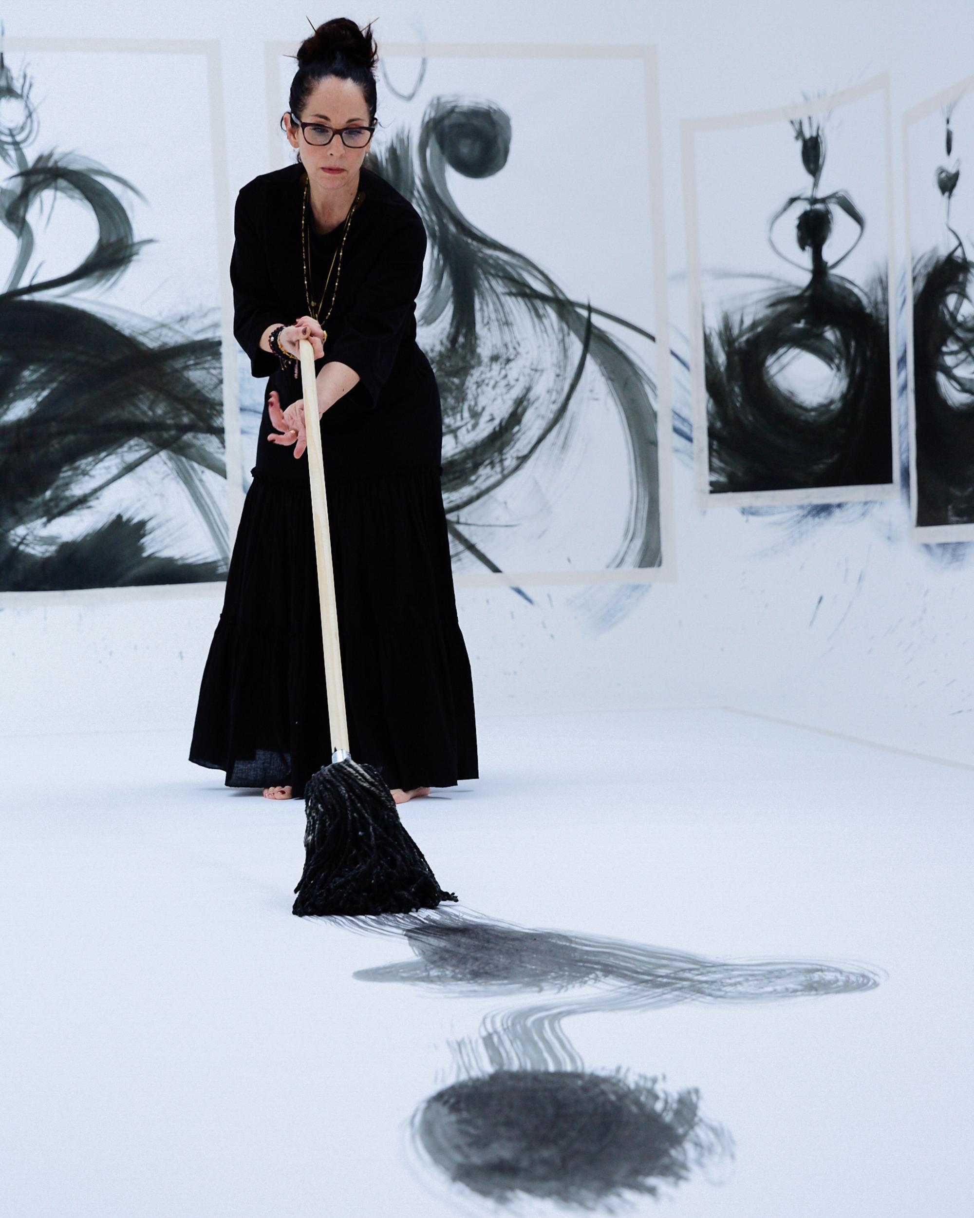 | SHOWStudio | Nightlight Series: On 26 April 2019, artist Tobie Giddio took up residency in the SHOWstudio space to create a large-scale fashion illustration live. The broadcast showcases Giddio’s creative process from start to finish, documenting her as she paints the walls and floor of the studio cove with ink. For this work, Giddio utilises a unique set of tools, comprising large Japanese brushes, mops and feather dusters.  | 12
