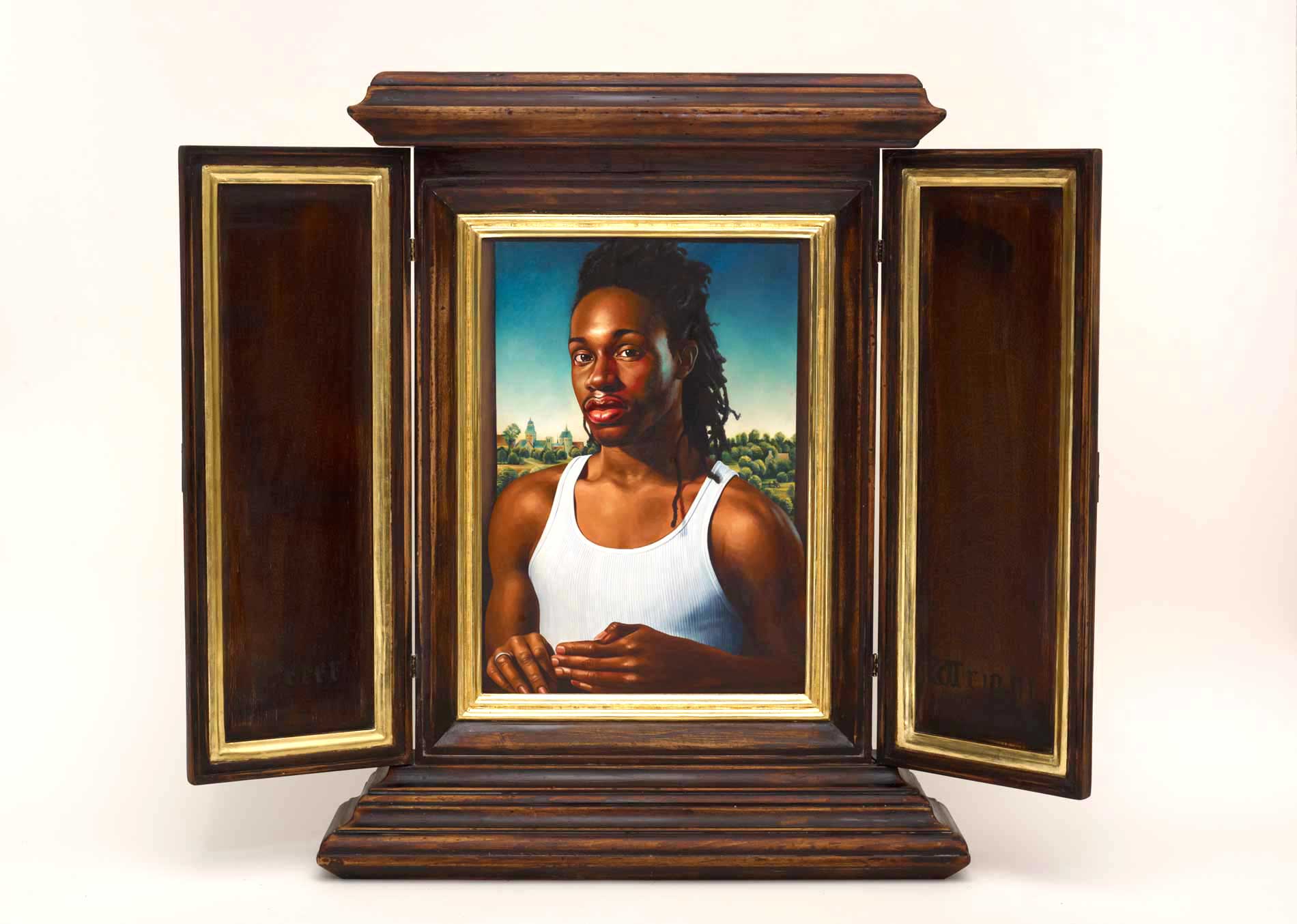 Kehinde Wiley | Memling | After Memling's Portrait of a Man in a Red Hat, 2013 Oil on Wood Panel in Artist Designed Hand Fabricated with 22K Gold Leaf Gilding. | 3