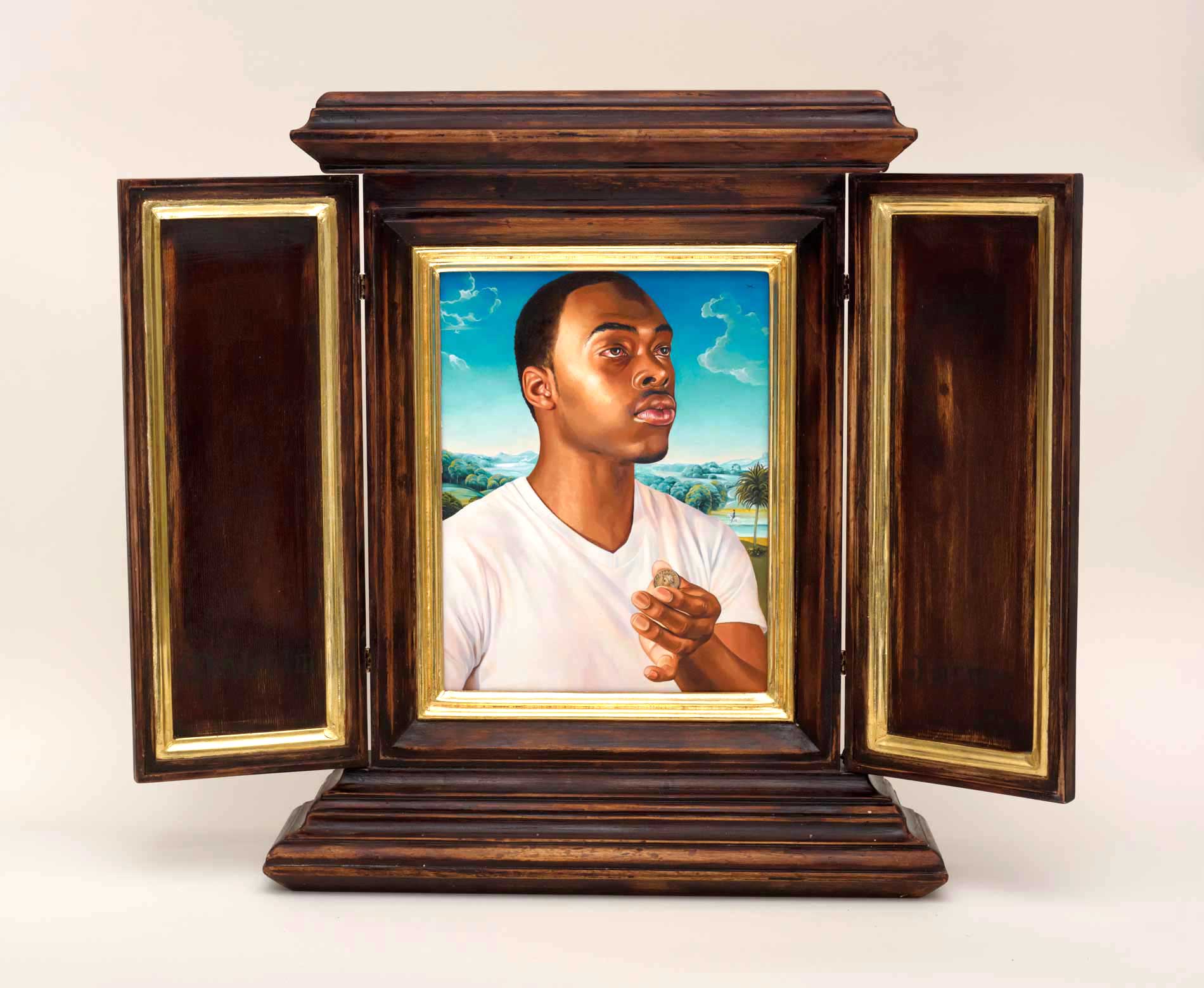 Kehinde Wiley | Memling | After Memling's Portrait of a Man with a Coin of the Emperor Nero (Bernardo Bembo?), 2013 Oil on Wood Panel in Artist Designed Hand Fabricated with 22K Gold Leaf Gilding. | 1