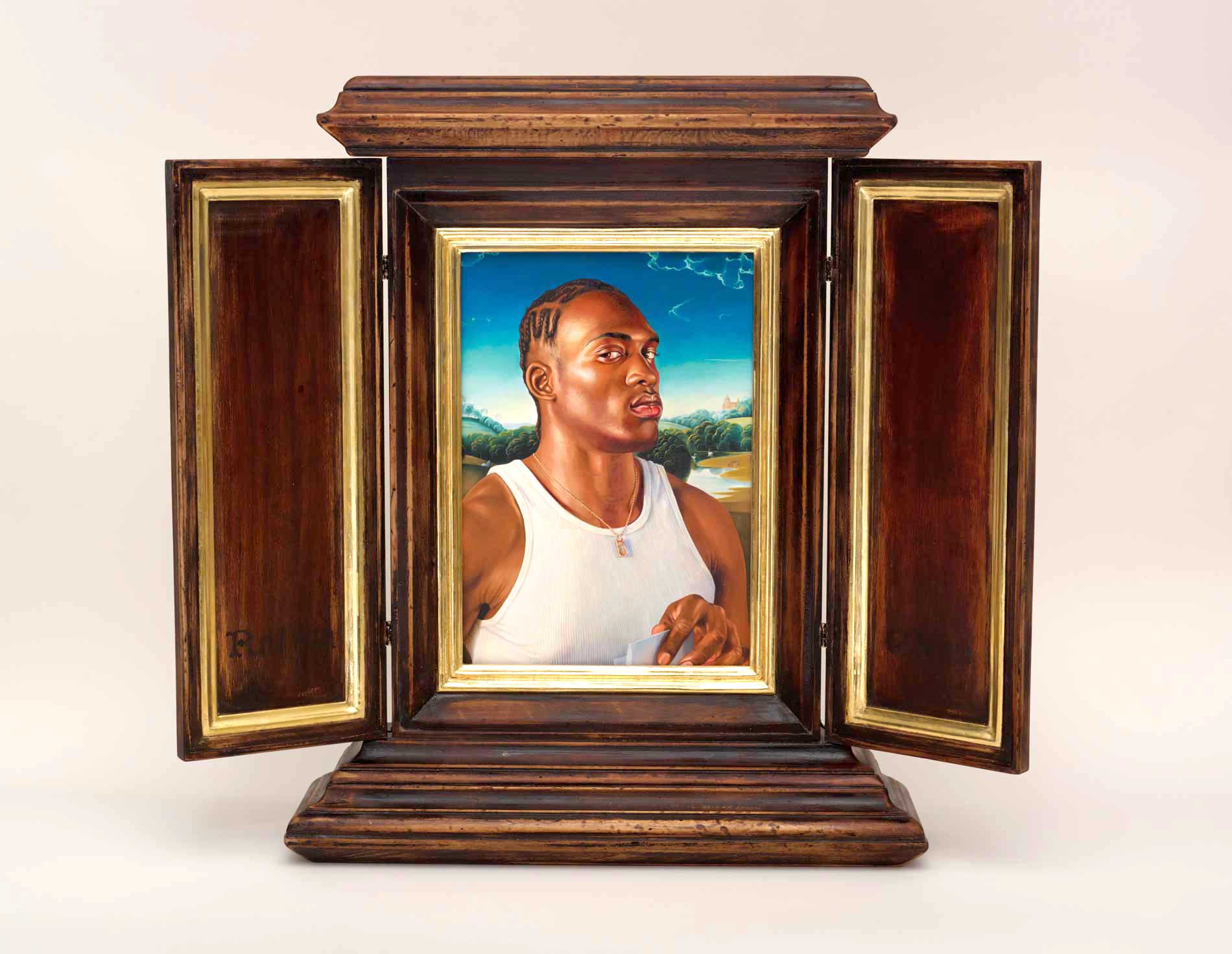 Kehinde Wiley | Memling | After Memling's Portrait of a Man with a Letter, 2013 Oil on Wood Panel in Artist Designed Hand Fabricated with 22K Gold Leaf Gilding. | 2