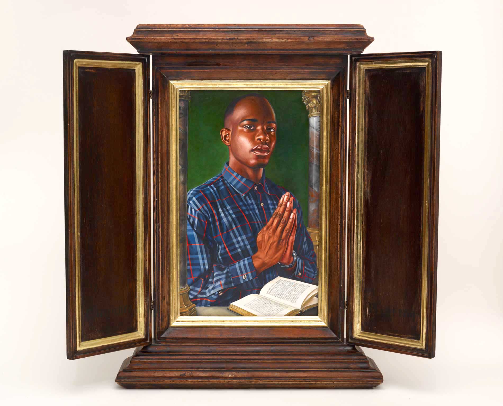 Kehinde Wiley | Memling | After Memling's Portrait of a Young Man, 2013 Oil on Wood Panel in Artist Designed Hand Fabricated with 22K Gold Leaf Gilding. | 4