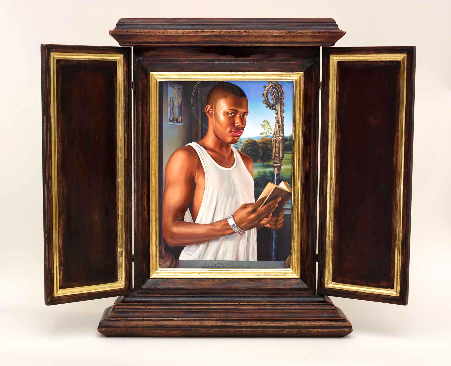 Kehinde Wiley | Memling | After Memling's Portrait of St. Benedict, 2013 Oil on Wood Panel in Artist Designed Hand Fabricated with 22K Gold Leaf Gilding. | 7