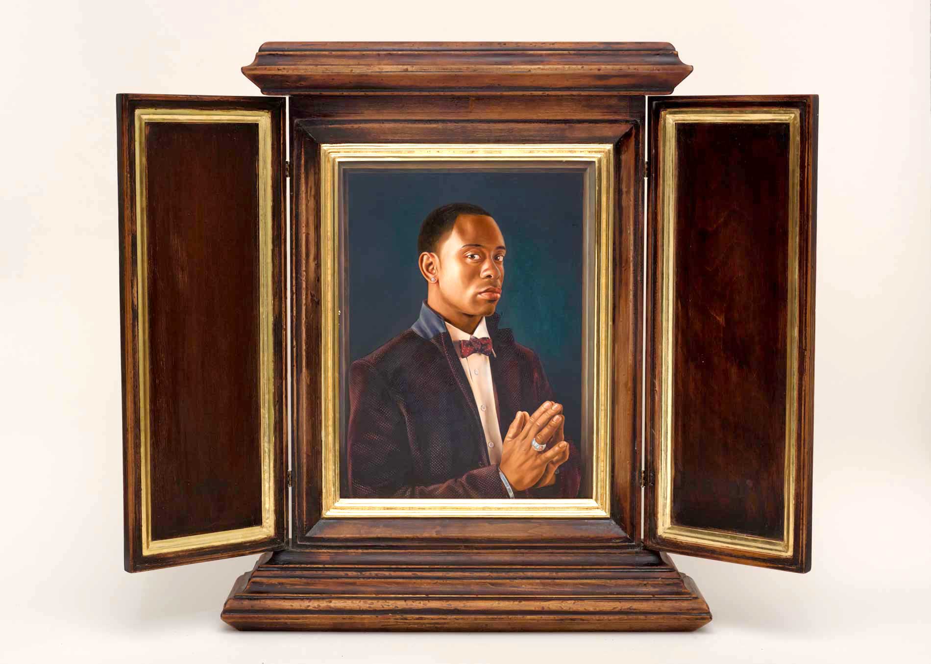 Kehinde Wiley | Memling | After Memling's Portrait of Tommasi di Folco Portinar, 2013 Oil on Wood Panel in Artist Designed Hand Fabricated with 22K Gold Leaf Gilding. | 8