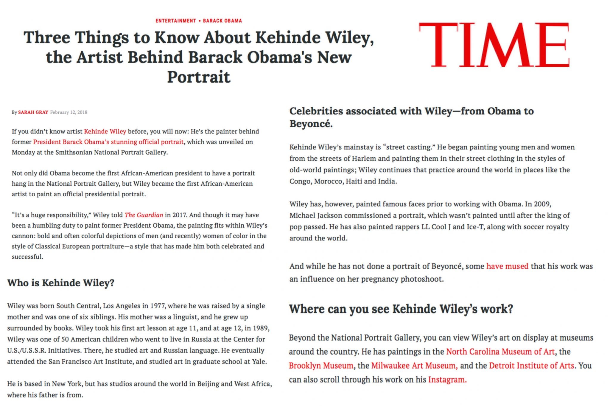 Kehinde Wiley | Portrait Barack Obama | Selected press: TIME  | 3