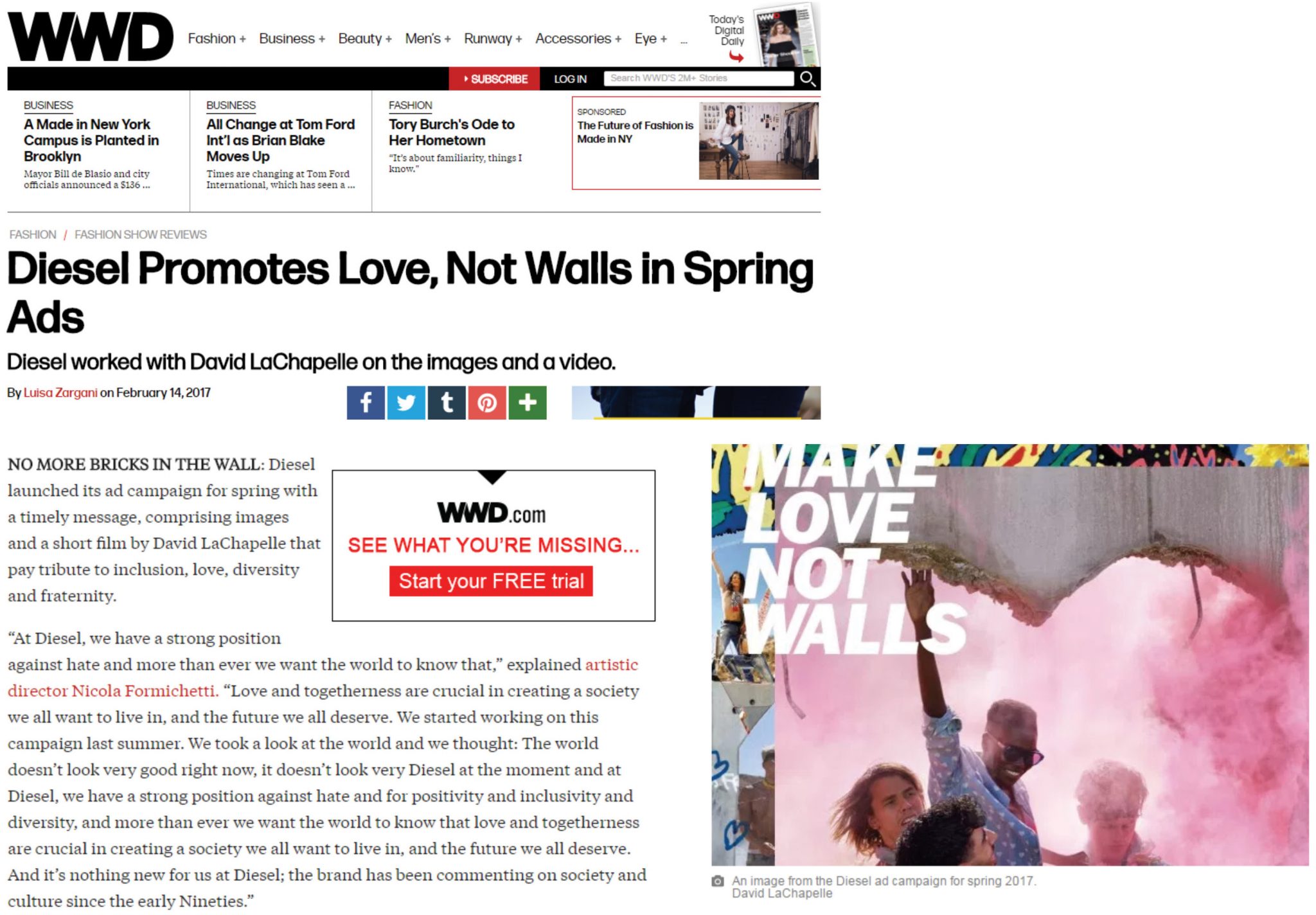 David LaChapelle | Diesel - Make love not walls | Selected Press: WWD | 34