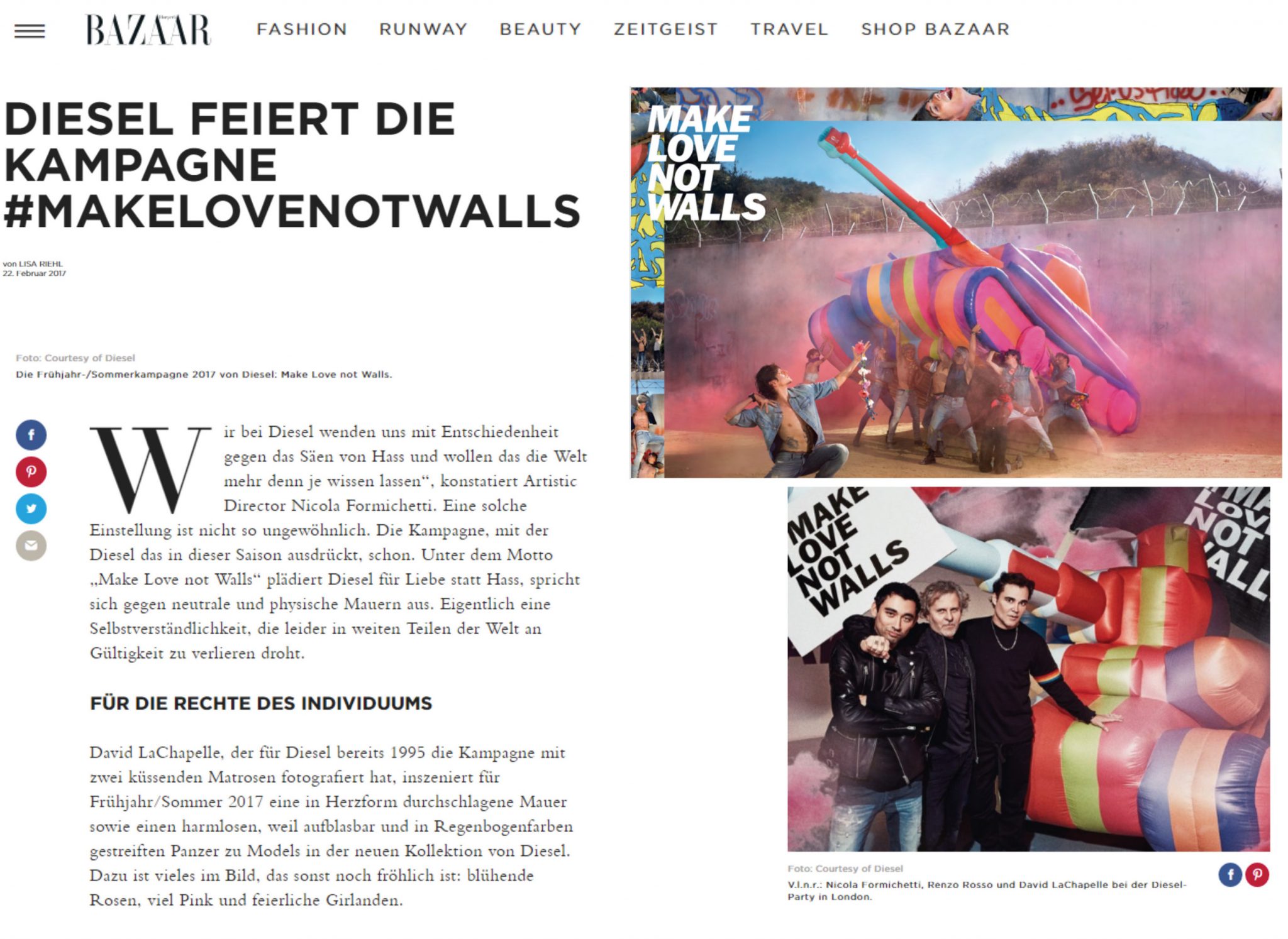 David LaChapelle | Diesel - Make love not walls | Selected Press: Harper’s Bazaar Germany | 35