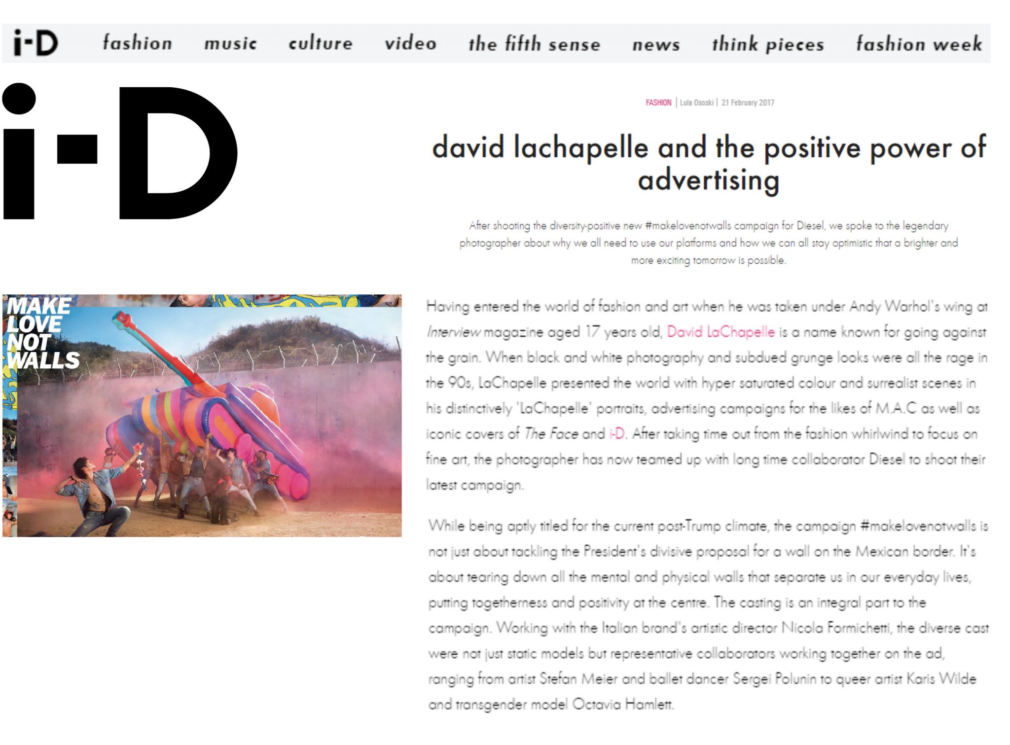 David LaChapelle | Diesel - Make love not walls | Selected Press: I-D Magazine
| 25