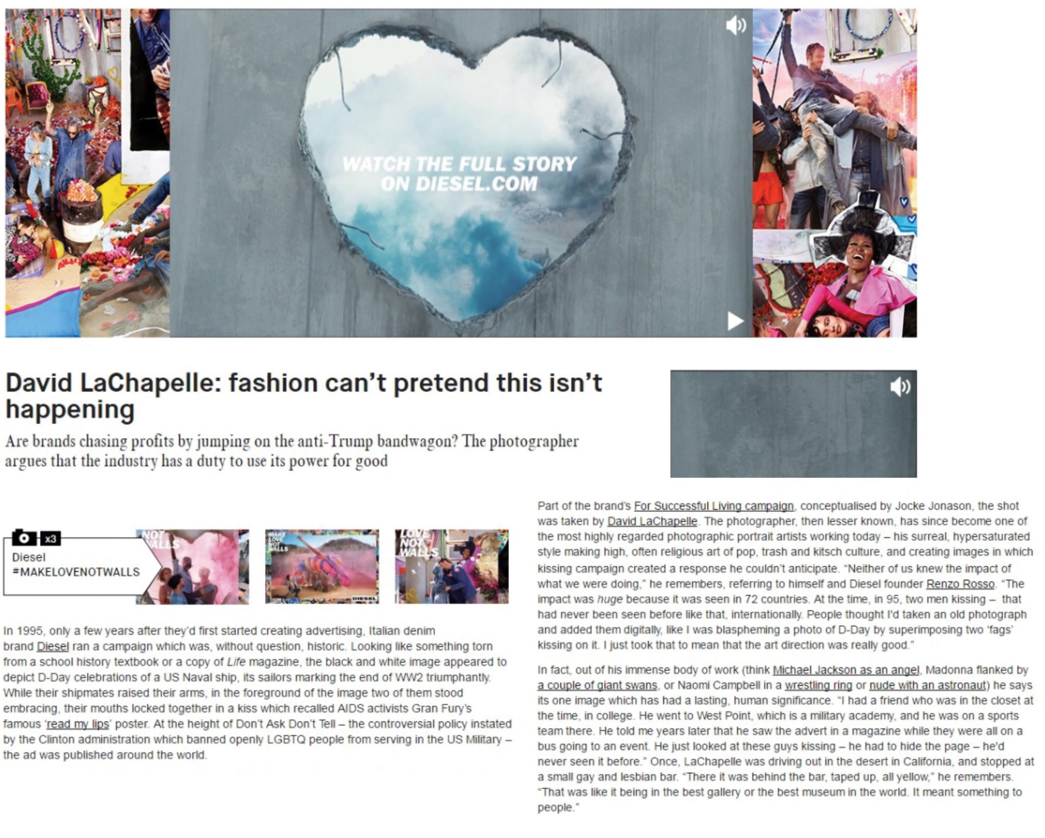 David LaChapelle | Diesel - Make love not walls | Selected Press: Dazed & Confused, UK | 28