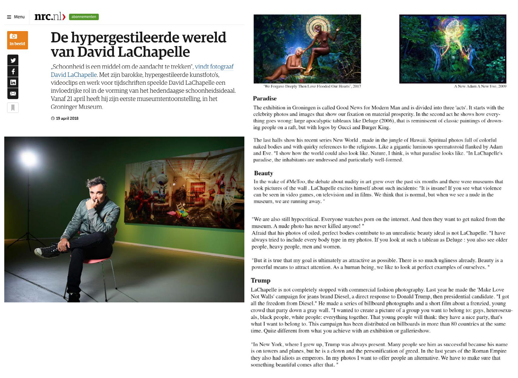 David LaChapelle | Groninger Museum, Groningen, The Netherlands, April 21 - October 28, 2018 | Selected press: NRC Handelsblad | 75